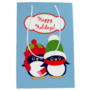 Sacola Para Presentes Média Feriado de Pinguins e Corujas