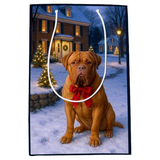 Sacola Para Presentes Média Feriado do Dogue de Bordeaux  (Frente)