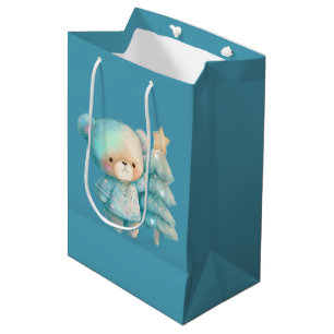 Sacola Para Presentes Média Feriado em Urso Bonito e Árvore de Natal