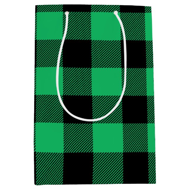 Sacola Para Presentes Média Feriado Gingham de Verificação de Buffalo Verde e  (Frente)