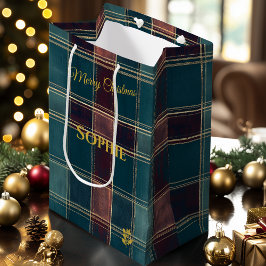 Sacola Para Presentes Média Feriado personalizável de Xadrez Teal e Borgonha