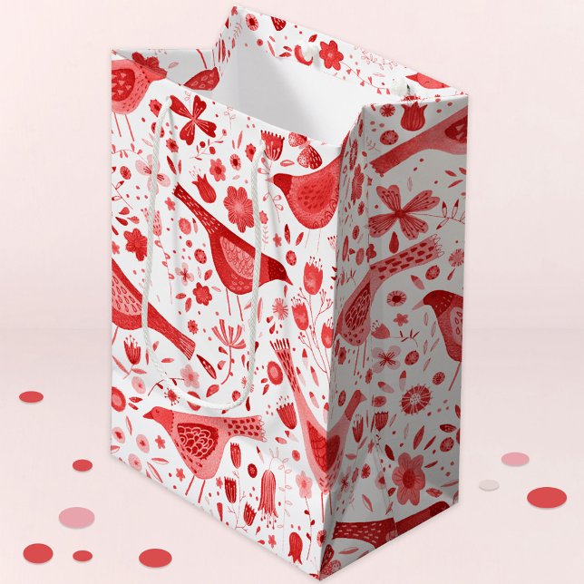 Sacola Para Presentes Média Feriados de Natal Vermelhos com Aquarelas de Aves (Criador carregado)