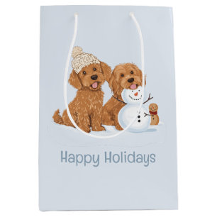 Sacola Para Presentes Média Férias Felizes Cachorro Goldendoodle Homem de Neve