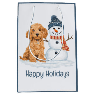 Sacola Para Presentes Média Férias Felizes Inverno Goldendoodle Cachorro Bonec