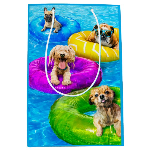 Sacola Para Presentes Média Festa da Piscina dos Cachorros (Frente)