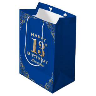 Sacola Para Presentes Média Festa de aniversário 13 azul e luz Dourada