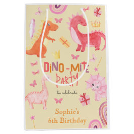 Sacola Para Presentes Média Festa de aniversário de dino cor-de-rosa com átomo
