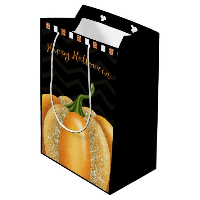 Sacola Para Presentes Média Festa de Aniversário de Halloween da Abóbora Brilh (Verso inclinado)