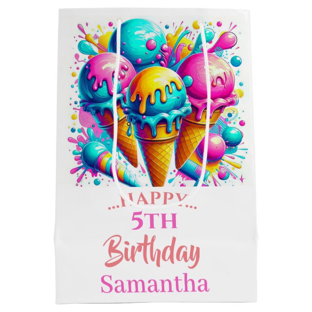 Sacola Para Presentes Média Festa de aniversário de sorvete (Verso)