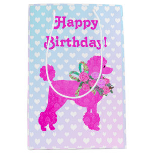 Sacola Para Presentes Média Festa de aniversário feliz com Poodle rosa