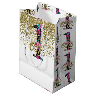 Sacola Para Presentes Média Festa de Aniversário Preto Floral Dourado Brilho U