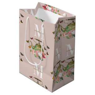 Sacola Para Presentes Média Festa de Chás em Rosa Floral & Borboletas Monogram