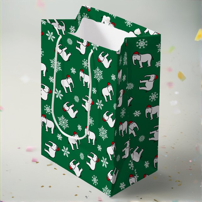 Sacola Para Presentes Média Festa de Elefante Branco Natal (Verde) (Criador carregado)