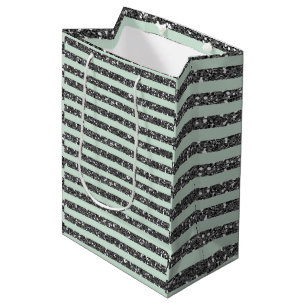 Sacola Para Presentes Média Festa de Listras de Brilho Prateado & Verde Menta