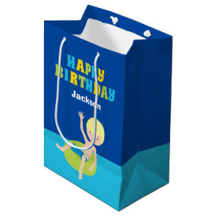 Sacola Para Presentes Média Festa de Piscina do Nadador Bloneiro Personalizado