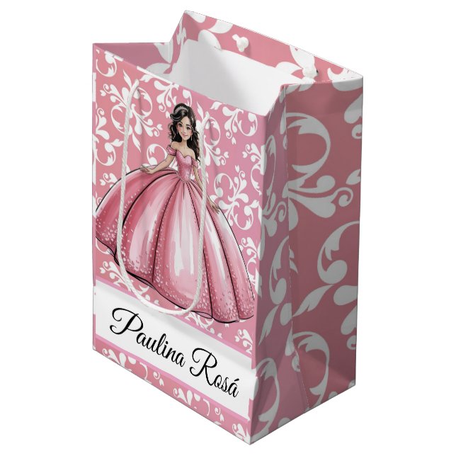 Sacola Para Presentes Média Festa de Quinceañera, Garota Brilhante Rosa (Frente inclinada)