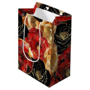 Sacola Para Presentes Média Festa Floral Preta Dourada Chuveiro Nupcial