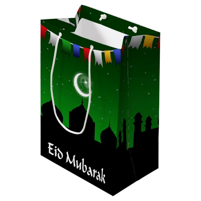 Sacola Para Presentes Média Festão colorida de Eid Mubarak (Frente inclinada)
