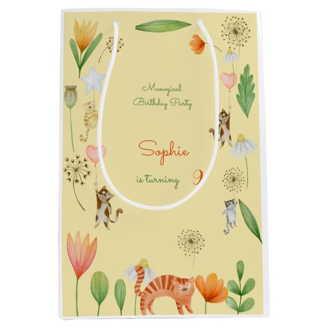 Sacola Para Presentes Média festas de aniversário de flores e de gatos (Frente)