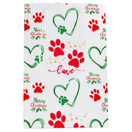Sacola Para Presentes Média Festive DOG PAW PRINTS and LOVE HEARTS Christmas