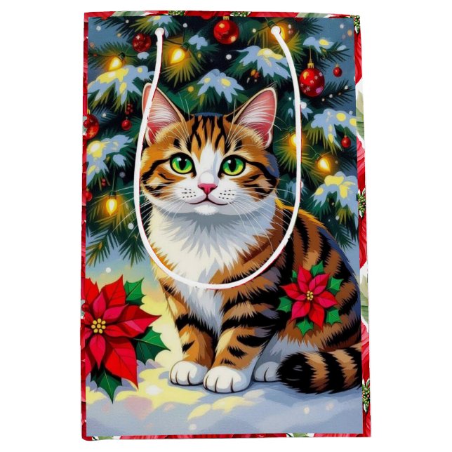 Sacola Para Presentes Média Festive Feline | Cute Christmas Cat (Frente)