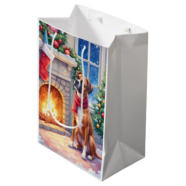 Sacola Para Presentes Média Festive Fireplace Boxer Christmas Art (Frente inclinada)
