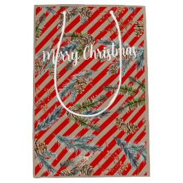 Sacola Para Presentes Média Festive Red Stripe Pine Spruce Cones Kraft Holiday