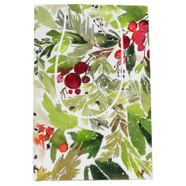 Sacola Para Presentes Média Festivo Holly Berry e Evergreen Watercolor