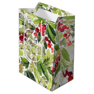Sacola Para Presentes Média Festivo Holly Berry e Evergreen Watercolor