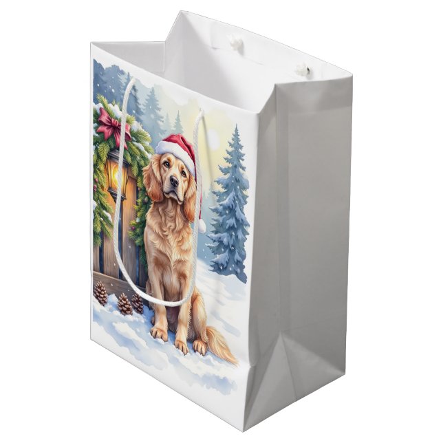 Sacola Para Presentes Média Field Spaniel Snowy Fence Santa Hat Christmas Art (Frente inclinada)