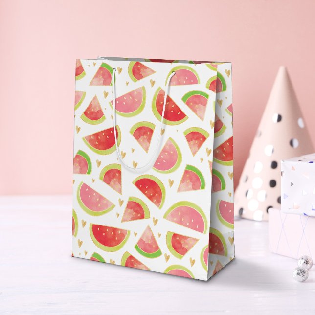 Sacola Para Presentes Média Filas de Watermelon de Verão e Dourado padrão card (Watermelon & Hearts Pattern Gift Bag)