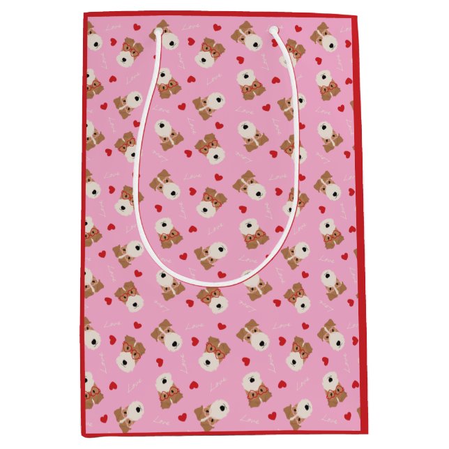 Sacola Para Presentes Média Fio Fox Terrier Dog Copos Cardíacos Pink (Frente)
