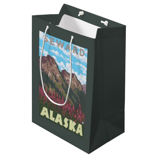 Sacola Para Presentes Média Fireweed & montanhas - Seward, Alaska (Frente inclinada)