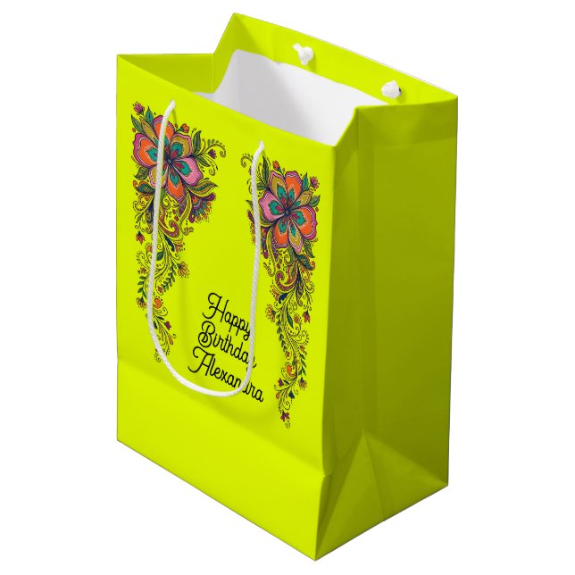Sacola Para Presentes Média Flair Floral Poderoso Bordas Retro 6 (Frente inclinada)