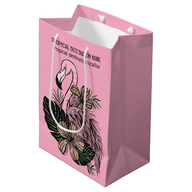 Sacola Para Presentes Média Flamingo Rosa de Texto Personalizado (Frente inclinada)