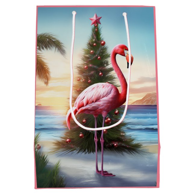 Sacola Para Presentes Média Flamingo rosa e praia tropical de árvore de Natal (Verso)