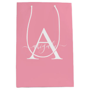 Sacola Para Presentes Média Flamingo Rosa Monogramado Minimalista Elegante