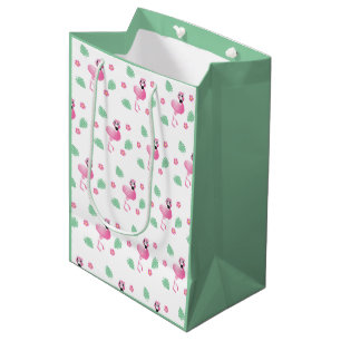 Sacola Para Presentes Média Flamingo Tropical Flamingo, Flores Folha Verde