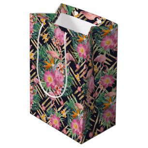 Sacola Para Presentes Média flamingos florais tropicais e traçados de ouro