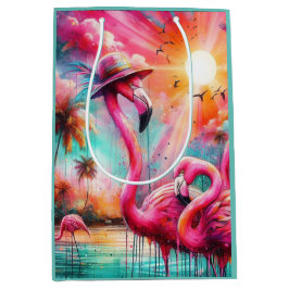Sacola Para Presentes Média Flamingos Rosa Tropicais Palmeiras Palmeiras Teais