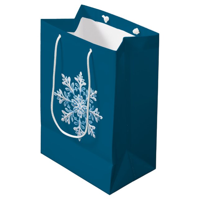 Sacola Para Presentes Média Floco de Neve de Natal Branco Teal Blue (Frente inclinada)