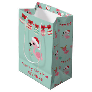 Sacola Para Presentes Média Floco de neve Flamingo Feliz de Natal