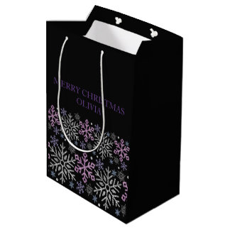 Sacola Para Presentes Média Floco de Neve Natal Roxo Prata