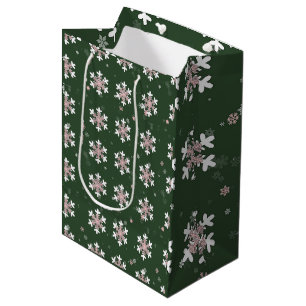 Sacola Para Presentes Média Flocos de Neve Brancos Rosa Verde