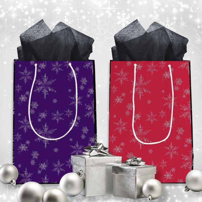 Sacola Para Presentes Média Flocos de neve com brilho prateado desolado Natal (Criador carregado)