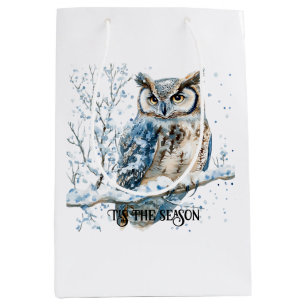 Sacola Para Presentes Média Flocos de Neve de Inverno Coruja Azul Neve de Nata