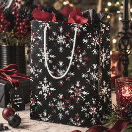 Sacola Para Presentes Média Flocos de Neve de Natal Gótico Preto & Vermelho