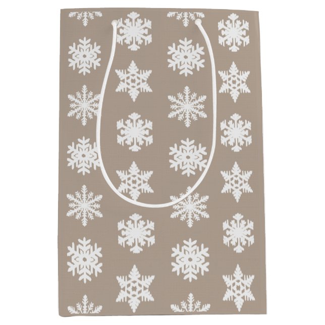 Sacola Para Presentes Média Flocos de neve Ikat - Taupe bronzeado e branco (Frente)