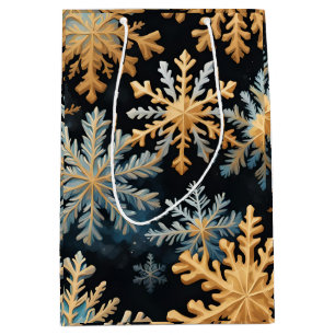 Sacola Para Presentes Média Flocos de neve Magnética Natal Dourado Azul Preto