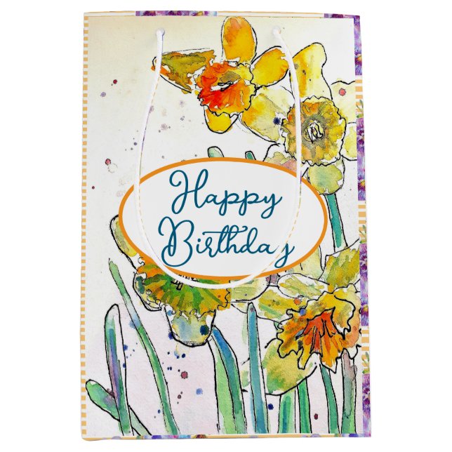 Sacola Para Presentes Média Flor Daffodil Daffodils Amarelo (Frente)